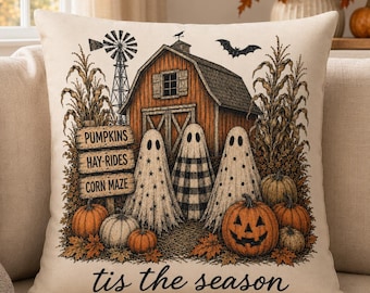 Capa de Almofada de Halloween, Almofada Fantasma Estilo Fazenda Vintage, Decoração de Abóbora de Outono, Almofada Aconchegante para Sofá no Outono, Presente de Boas-Vindas para a Família