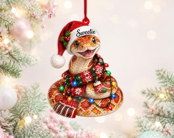 Personalized Christmas Snake Ornament, Cute Santa Hat Serpent Decor, Custom Name Reptile Gift, Festive Tree Keepsake For Snake Lovers