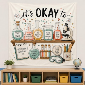 Könnte beinhalten: Ein cremefarbener Wandteppich mit dem Text it's OKAY to, illustriert mit Laborgeräten, einem Mikroskop, Reagenzgläsern, einem Notizbuch und einer Schutzbrille. Jeder Gegenstand enthält motivierende Sätze wie start over und ask for help.