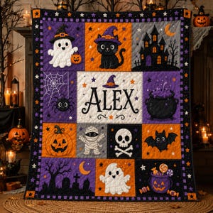 PERSONALIZABLE Halloween Quilt Blanket, CUSTOMIZABLE Name Patchwork Throw, Cute Ghost Cat Pumpkin Decor, Spooky Gift For Kids And Family