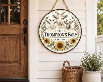 PERSONALIZABLE Goat Farm Wood Sign, CUSTOMIZABLE Sunflower Farmhouse Door Decor, Rustic Family Name Porch Sign, Housewarming Gift For Family