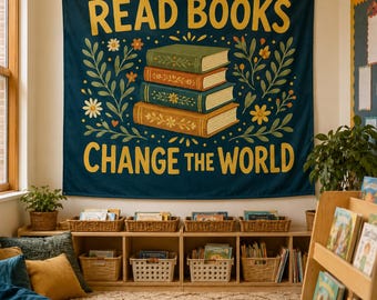 Wandtapijt leeshoek, boeken lezen muur hangen, vintage bloemen klaslokaal decor, kinderbibliotheek kunst aan de muur, leraar cadeau voor boekenliefhebbers