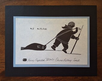 Kuujjuaraapik Signed Print by Henry Napartuk- Eskimo Pulling Seal