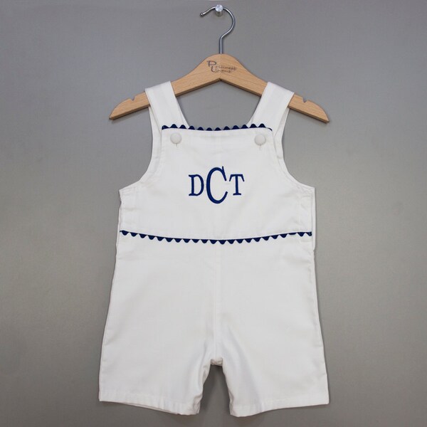 Boys white and navy blue pique shortall jon jon with monogram embroidery