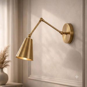 May include: A brass wall-mounted lamp featuring a circular base plate, an adjustable articulated arm with two pivot points, and a conical shade. The metal finish has a brushed texture, and the design allows for directional light positioning.