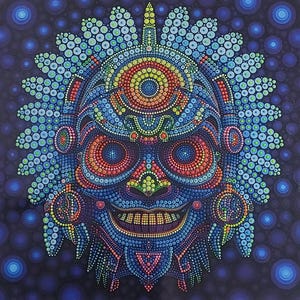 Puede incluir: Una pintura sobre lienzo cuadrada que presenta un rostro simétrico compuesto por puntos intrincados y multicolores. El diseño utiliza una paleta de azul, naranja, amarillo y verde, creando un patrón vibrante y texturizado sobre un fondo azul oscuro.