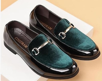 COSIDRAM Loafers Dress Shoes Velvet Patent Leather Size 12 Black Green Velvet
