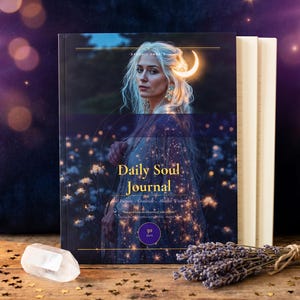 Pode incluir: Um "Daily Soul Journal" de capa dura com o retrato de uma mulher na capa, com uma lua crescente no cabelo. O di&aacute;rio &eacute; acompanhado por uma pilha de livros, um cristal e raminhos de lavanda.