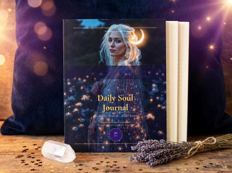 Pode incluir: Um "Daily Soul Journal" de capa dura com o retrato de uma mulher na capa, com uma lua crescente no cabelo. O di&aacute;rio &eacute; acompanhado por uma pilha de livros, um cristal e raminhos de lavanda.