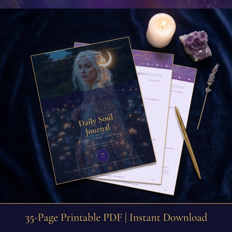 Pode incluir: Um Daily Soul Journal com um retrato de mulher e um design de lua na capa. O di&aacute;rio &eacute; acompanhado por duas p&aacute;ginas pautadas, uma caneta dourada, uma vela acesa e cristais de ametista. O texto "35-Page Printable PDF" est&aacute; na parte inferior.