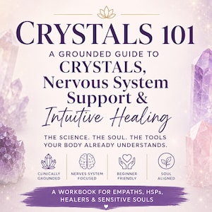 K&ouml;nnte beinhalten: Buchcover mit dem Titel "CRYSTALS 101" in Lila. Das Buch ist ein Leitfaden f&uuml;r Kristalle, Nervensystemunterst&uuml;tzung und intuitive Heilung. Das Cover enth&auml;lt Kristallillustrationen und den Text: "Ein Arbeitsbuch f&uuml;r Empathiker, HSPs, Heiler und sensible Seelen."