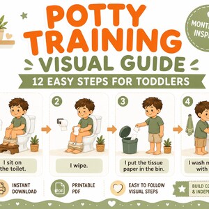 May include: A potty training visual guide for toddlers featuring the title POTTY TRAINING VISUAL GUIDE 12 EASY STEPS FOR TODDLERS. The chart displays four illustrated steps showing a child sitting on a toilet, wiping, using a trash bin, and washing hands with soap. It includes icons for instant download and printable PDF.