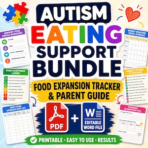 May include: An Autism Eating Support Bundle digital resource set featuring a sensory food profile worksheet, weekly mealtime visual schedule, food acceptance ladder, parent tip sheet, new food introduction log, and a progress celebration page.