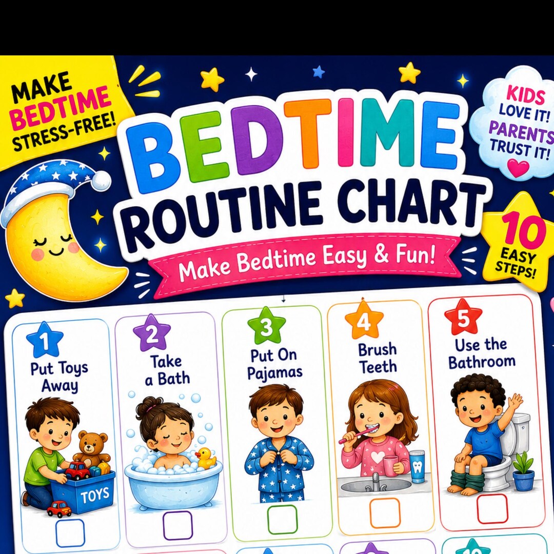 Kids Bedtime Routine Chart | Visual Toddler Schedule, Reward PDF ...