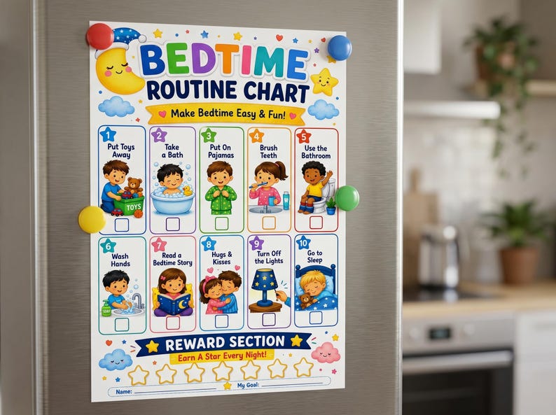 Kids Bedtime Routine Chart | Visual Toddler Schedule, Reward PDF ...