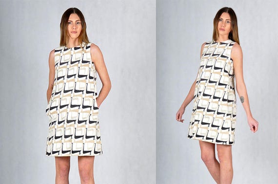 60s Swan Print Vintage Mini Mod Dress