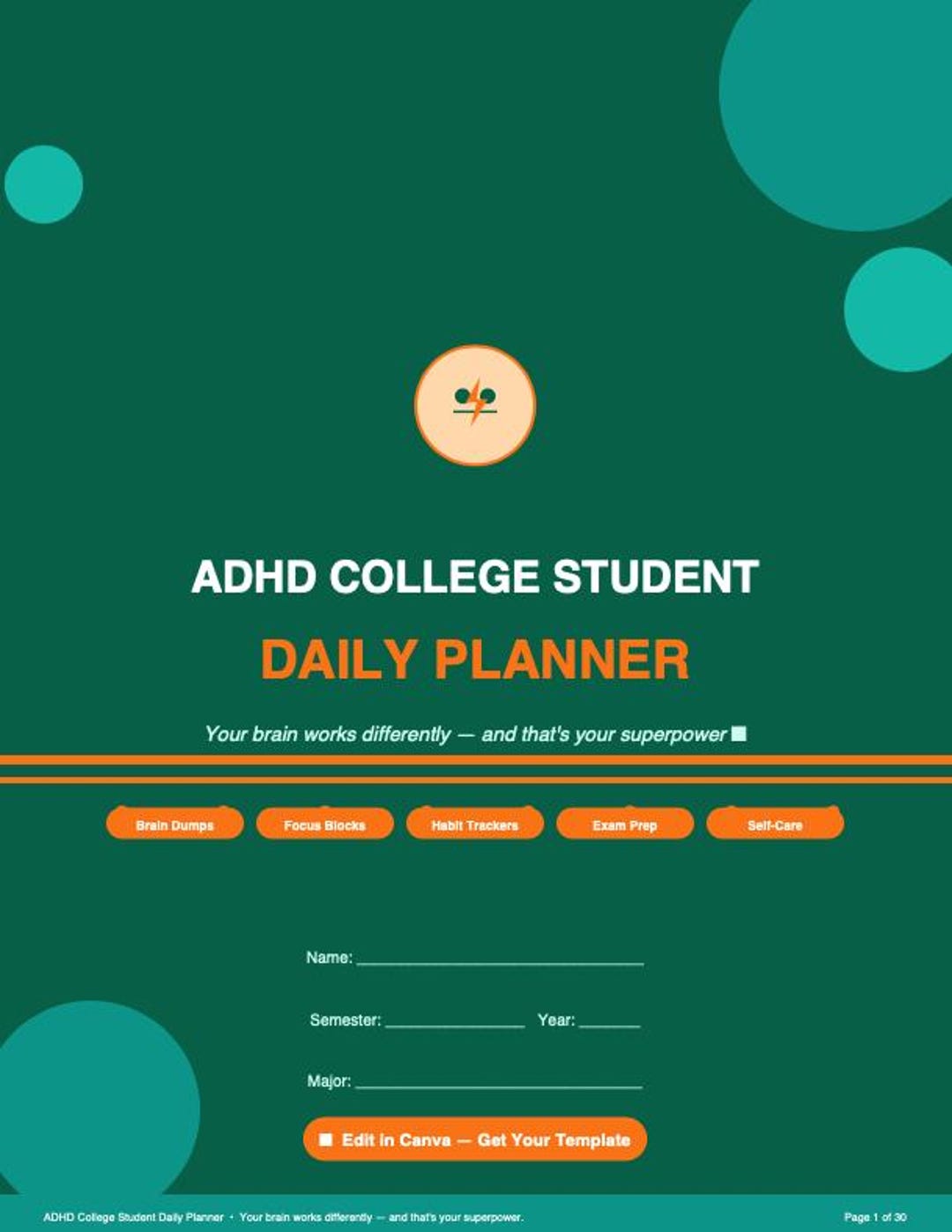 ADHD College Student Planner | Daily, Weekly, Executive Function ...