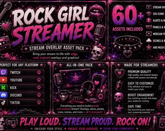 Paquete de superposiciones Rock Girl para OBS/Twitch y Kick Stream: recursos, alertas, paneles, insignias y más de 100 iconos.