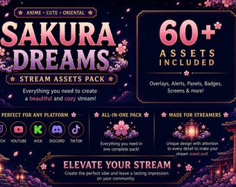 Anime Sakura Overlay Stream Pack | Japanese OBS Assets, Screens, Alerts & Panels PNG Digital Download