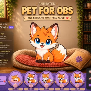 Könnte beinhalten: Ein animierter orange-weißer Fuchscharakter für OBS-Streaming-Software. Die Grafik zeigt den Fuchs auf einem strukturierten Bett sitzend, mit fünf kreisförmigen Symbolen darunter, die den Fuchs beim Schlafen, Trinken, Spielen, Essen und Ruhen zeigen.