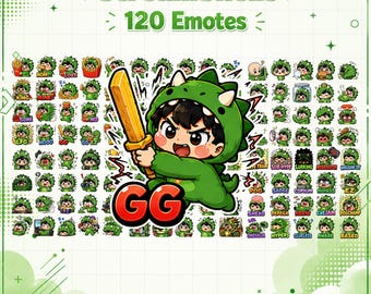 Dino Boy Chibi Anime Emotes Pack | 120 Gamer PNG Bundle (Digital Download)