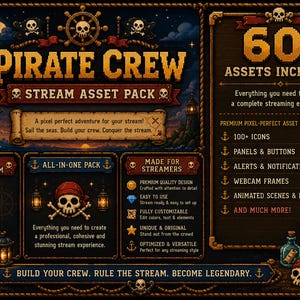 May include: A pixel art pirate-themed stream asset pack featuring the text Pirate Crew Stream Asset Pack, 60+ Assets Included, and lists of icons, panels, buttons, alerts, notifications, webcam frames, and animated scenes for Twitch, YouTube, Kick, Discord, and TikTok.