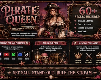 Pirate Queen Overlay Kit | OBS Stream Assets, Alerts, Panels, Badges & 100 Icons
