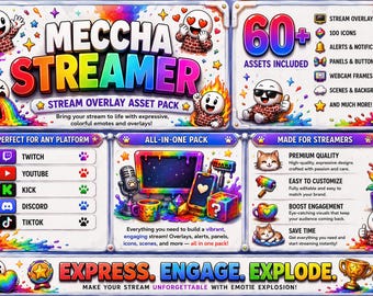 Meccha Chameleon Stream Overlay Pack for OBS | Twitch & Kick Stream Assets, Alerts, Panels, Badges, 100+ Icons and Animated Screens