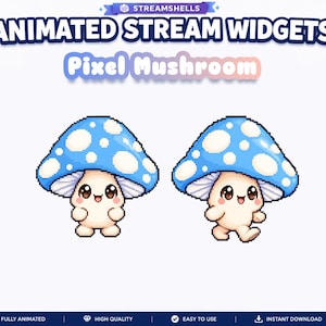 Könnte beinhalten: Zwei Pixel-Art-Pilzfiguren mit blauen Hüten mit weißen Punkten und cremefarbenen Körpern. Der Text lautet "STREAMSHELLS ANIMATED STREAM WIDGETS Pixel Mushroom". Die Figuren haben große dunkle Augen, kleine Münder und werden in zwei Posen dargestellt.