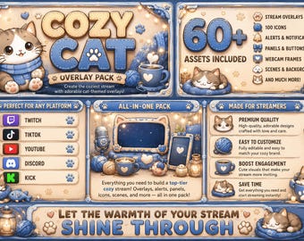 Cozy Cat Stream Overlay Pack | Twitch, OBS, Kick Assets (Digital Download)
