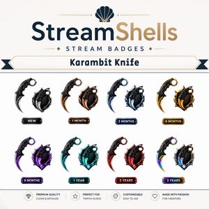 May include: A digital graphic set titled StreamShells Stream Badges Karambit Knife featuring eight variations of curved blade icons and matching shield emblems in colors including silver, bronze, blue, gold, purple, teal, red, and rainbow.