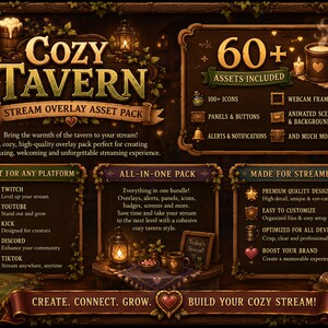May include: A digital stream overlay asset pack titled Cozy Tavern featuring a dark brown tavern theme with lanterns, candles, and ivy. The graphic includes text detailing 60+ assets, platform compatibility for Twitch, YouTube, Kick, Discord, and TikTok, and features for streamers.