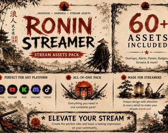 Ronin Samurai Overlay Kit | Japanese OBS Assets, Alerts, Panels & Scene Screens | PNG Digital Download