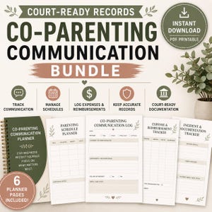 May include: A co-parenting communication bundle with a planner and logs. The cover of the planner is green with the text "Co-Parenting Communication Planner". The bundle includes a parenting schedule planner, communication log, expense tracker, and incident tracker. The text "Instant Download PDF Printable" is also included.