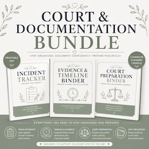 Peut inclure: Un ensemble de trois planificateurs PDF imprimables : Incident Tracker, Evidence & Timeline Binder et Court Preparation Binder. Les couvertures sont blanches avec du texte et des illustrations vert foncé. L'ensemble est conçu pour vous aider à rester organisé.