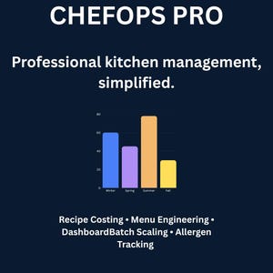 Peut inclure: Graphique bleu foncé avec le texte "CHEFOPS PRO" et "Gestion de cuisine professionnelle, simplifiée." Un graphique à barres montre les données saisonnières. En dessous se trouvent les mots "Recipe Costing, Menu Engineering, Dashboard Batch Scaling, Allergen Tracking."