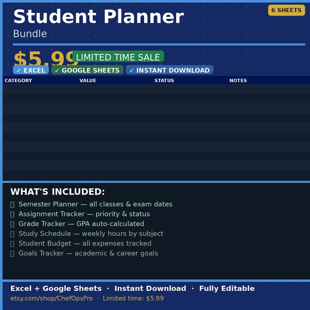 Student Planner Spreadsheet Excel Google Sheets | Assignment Tracker ...