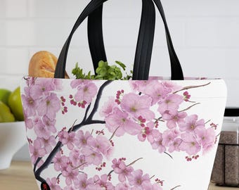Pink Cherry Blossom Lunch Bag | Floral Sakura Cooler Tote, Original Illustration
