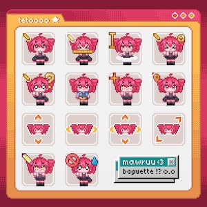 May include: A digital pixel art sheet featuring a grid of sixteen small character icons with pink hair and dark outfits, displaying various expressions and accessories. A small dialogue box at the bottom right contains the text mawruu<3 baguette !? o.o.
