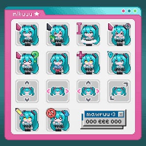 May include: A digital art display featuring pixelated images of a character with turquoise hair and a black outfit. The images are arranged in a grid, with various accessories and symbols. The text "mikuuu" and "ma.wruu<3" are visible.