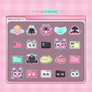 May include: A pixel art graphic featuring a collection of cute icons in a pink and white color scheme. The icons include hearts, animals, folders, and other decorative elements. Text at the top reads "AOD ICONS".