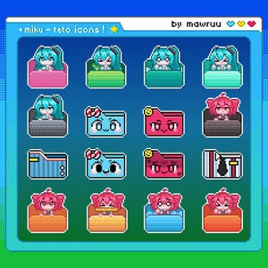 May include: A digital pixel art collection featuring sixteen folder icons with characters Miku and Teto. The interface displays the text +miku - teto icons ! by mawruu with heart and star symbols. The icons include various colors and expressions.