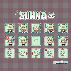 Puede incluir: Gráfico de pixel art con el nombre "SUNNA" en rosa y blanco, acompañado de varias ilustraciones de personajes pixelados. Las ilustraciones muestran un personaje rubio en diferentes poses y expresiones, sobre un fondo verde claro.