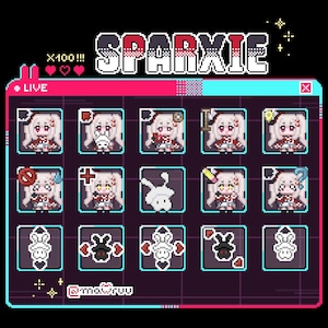 May include: A pixel art graphic with the word "SPARXIE" in white letters. The image features a grid of character portraits and icons, with a pink and black color scheme. The text "LIVE" is visible, along with the username "@ma0ruu".
