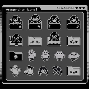 Op de afbeelding: Zwart-witte pixel art iconen met een meisje in verschillende settings, mappen, vogels en andere objecten. De tekst "osage-chan icons!" staat bovenaan, met "by mawruu" eronder.