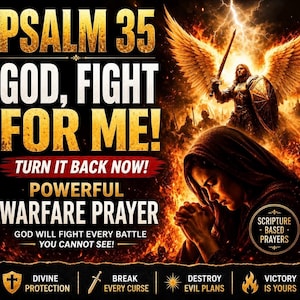 Może przedstawiać: Grafika cyfrowa z tekstem PSALM 35 GOD, FIGHT FOR ME! TURN IT BACK NOW! POWERFUL WARFARE PRAYER. GOD WILL FIGHT EVERY BATTLE YOU CANNOT SEE! SCRIPTURE BASED PRAYERS. DIVINE PROTECTION, BREAK EVERY CURSE, DESTROY EVIL PLANS, VICTORY IS YOURS. Anioł z mieczem i tarczą stoi nad modlącą się osobą pośród płomieni.