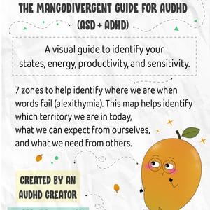 May include: A printable PDF titled "Neuro-Map: The Mangodivergent Guide for AUDHD (ASD + ADHD)". The guide features a cartoon mango character and text explaining how to identify states, energy, productivity, and sensitivity. Includes "Instant Download" text.