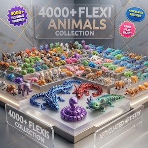 May include: A collection of numerous small, articulated plastic animal figurines in various colors and species, displayed on tiered platforms. Text on the display reads 4000+ FLEXI ANIMALS COLLECTION, 4000+ FLEXIBLE FRIENDS!, ARTICULATED ARTISTRY, and PRINT-PLAY-ENJOY!.