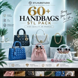 Peut inclure: Une collection numérique de plus de 60 fichiers STL de sacs à main pour impression 3D, incluant des modèles matelassés noirs, bleus et blancs, un sac bleu clair avec chaîne, un sac vert plissé et un sac rose à cordon avec des pinceaux.