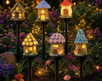 Solar Mushroom House Garden Light, Whimsical Fairy Yard Stake Lamp, Waterproof Outdoor Decor